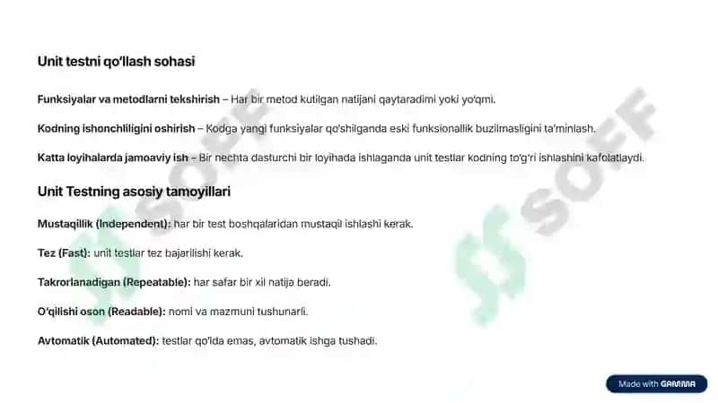 Test yozish, Unit Test haqida 4
