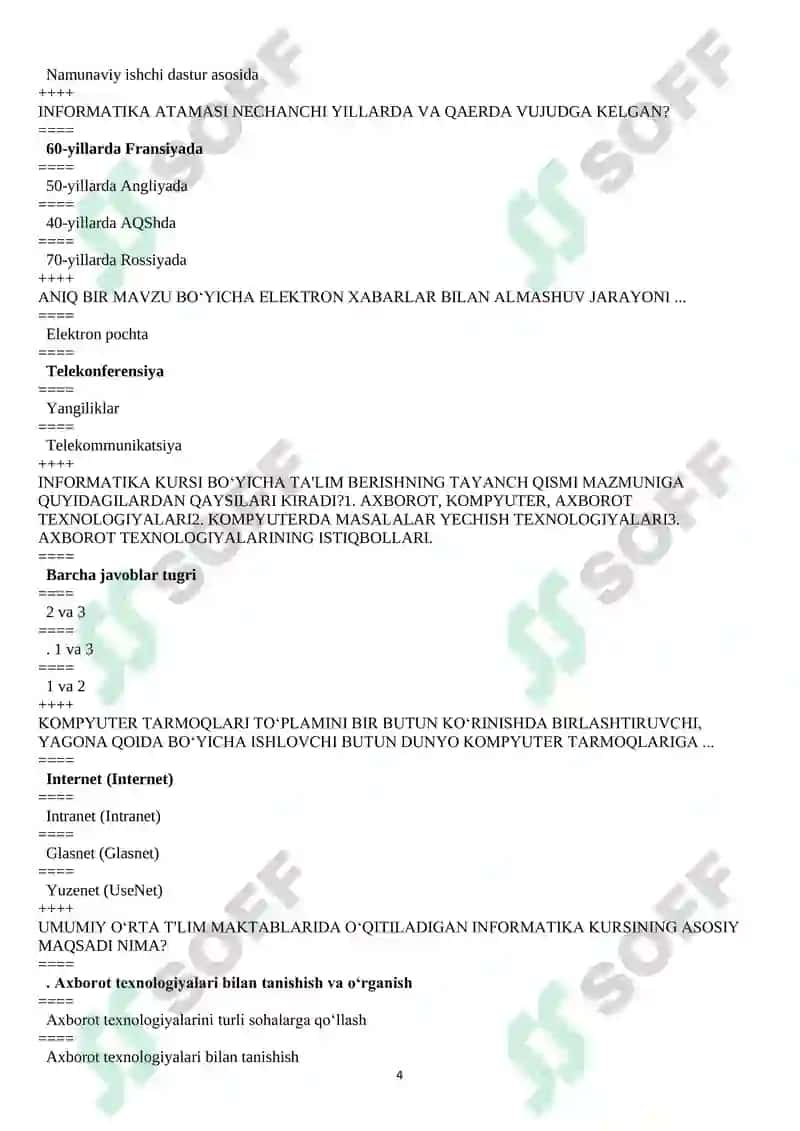 Informatika o’qitish metodikasi testlar javobi bilan 4