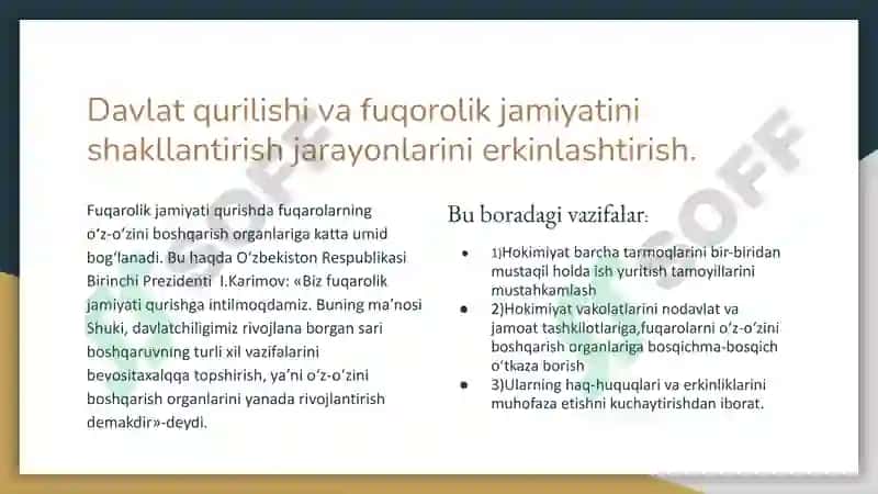 O’zbekistonda huquqiy-siyosiy 
islohotlarning amalga oshirilishi demokratik 
jamiyatni shakl 4