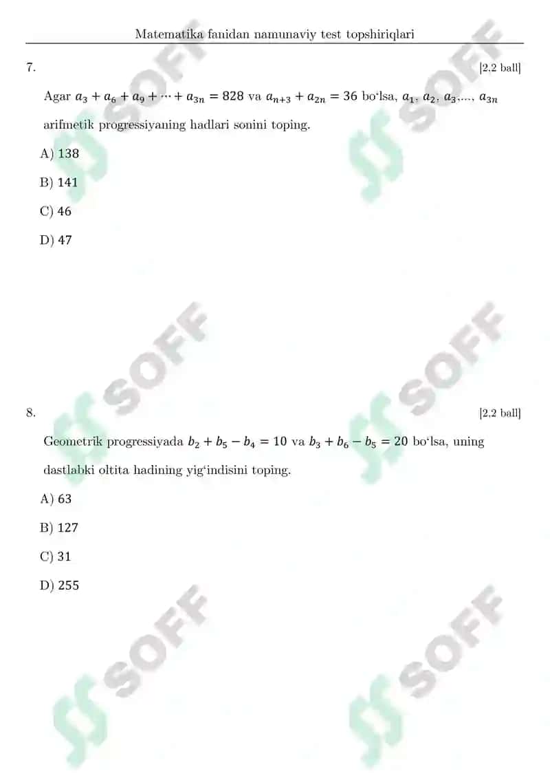 DTM testlari va javoblari matematika fanidan 4