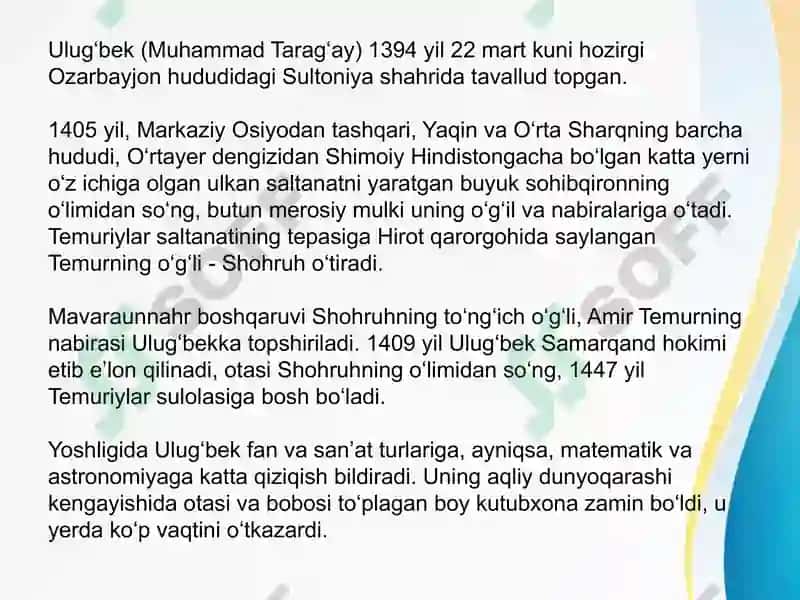 Mirzo Ulug’bekning siyosiy ishlari 4