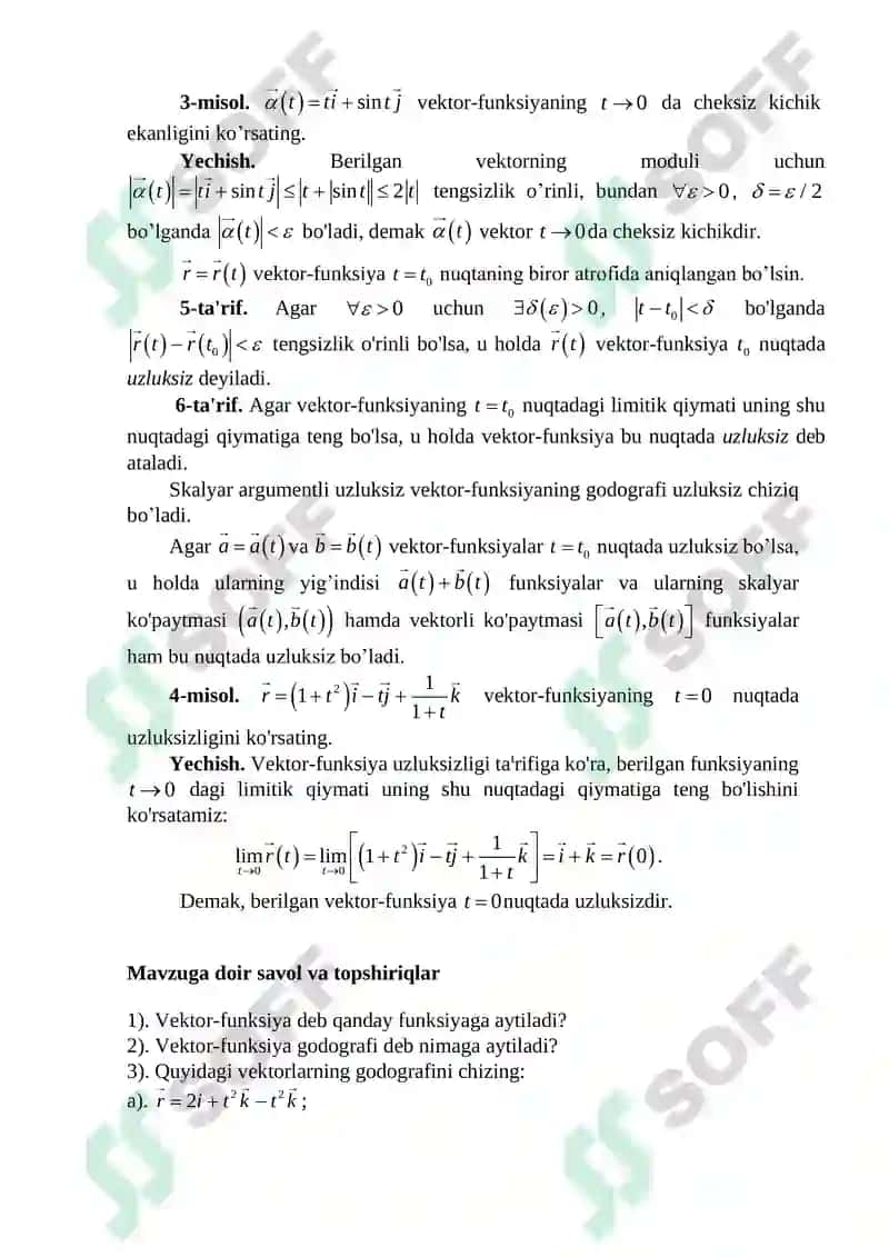 Vektor funksiya va fazodagi egri chiziqlar. Vektor funksiyalarning hosilasi va integrali 4
