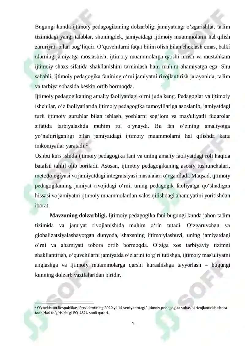 Ijtimoiy Pedagogika Fan va Amaliy Faoliyat Kurs Ishi 4