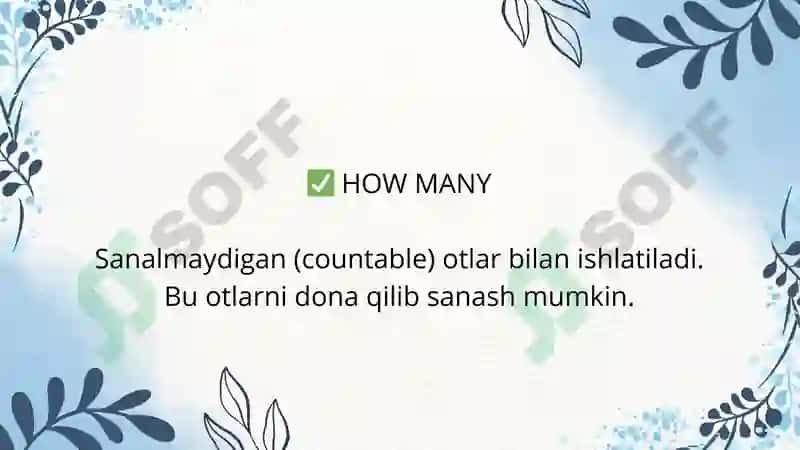 Sanalmaydigan (uncountable) otlar bilan ishlatiladi. 4