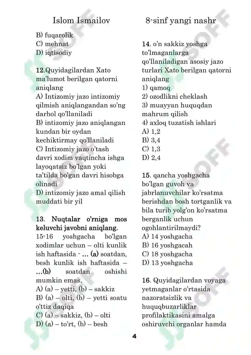 8 sinf huquq 2024 yil yamgi nashr bo'yicha 30 talik test 4