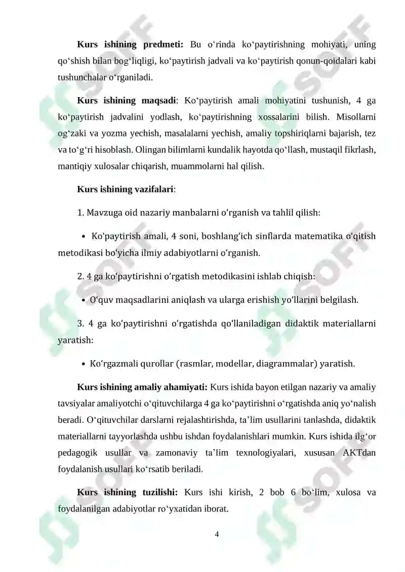 "4 SONINI KO‘PAYTIRISH VA 4 GA KO‘PAYTIRISHNI O‘RGATISH METODIKASI" 4
