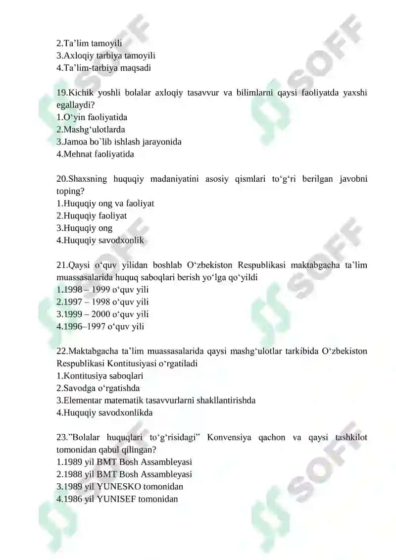 MAKTABGACHA PEDAGOGIKA” FANIDAN DAVLAT ATTESTATSIYASI UCHUN TEST SAVOLLAR 4