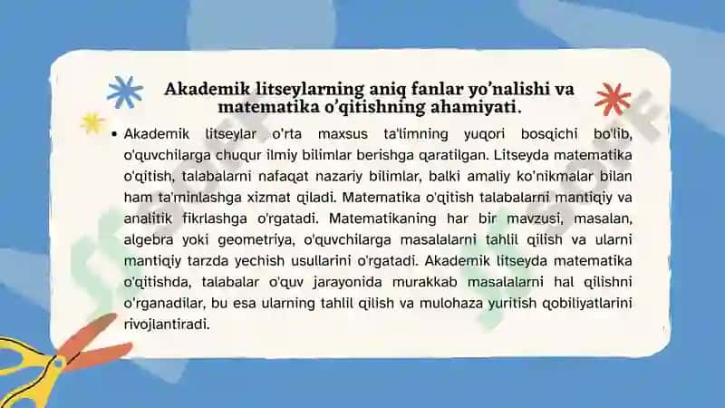 Akademik litseylarning aniq fanlar yo’nalishidagi guruhlarida matematika o’qitishning maqsadi, vazifalari va metodik xususiyatlari 4