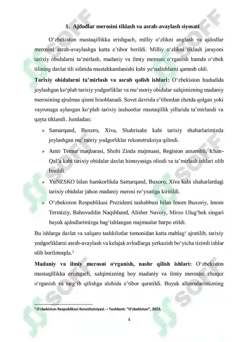 Mustaqillik yillarida ajdodlar merosi va milliy qadriyatlarni tiklash borasidagi amalga oshirilgan islohotlar 4