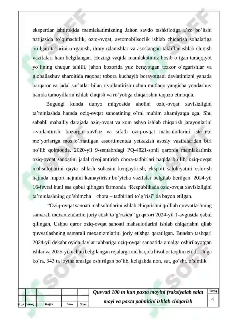 Quvvati 100 tn kun paxta moyini fraksiyalab salat moyi va paxta palmitini ishlab chiqarish texnologiyasi 4