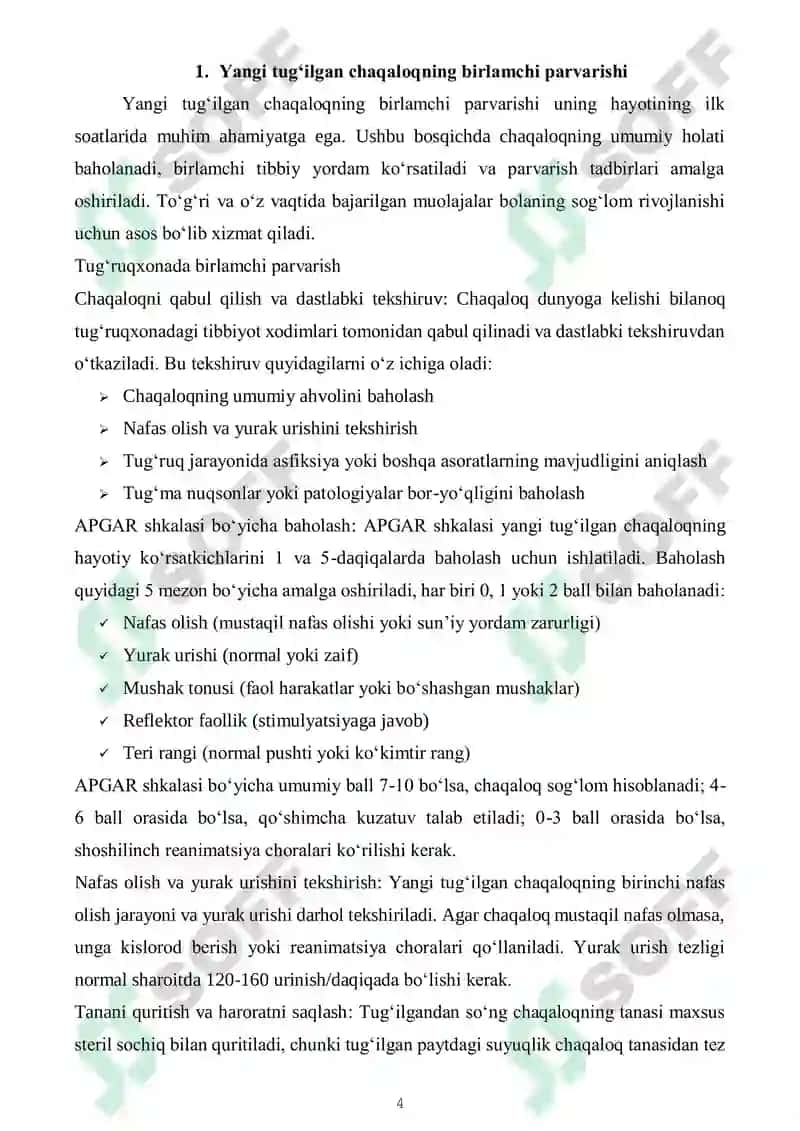 Yangi tug‘ilgan chaqaloqning birlamchi parvarishi va patronaji 4