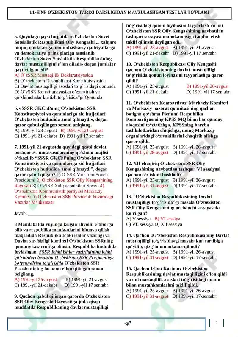 O‘zbekiston tarixi 11-sinf mavzulashtirilgan testlar to‘plami 4