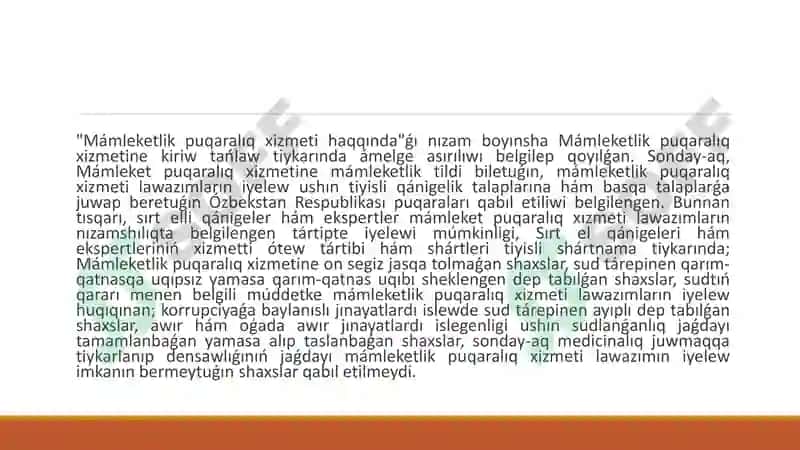 Ózbekstan puqaralarınıń mámleketlik xizmetke kiriwdegi teń huquqlılıǵı 4