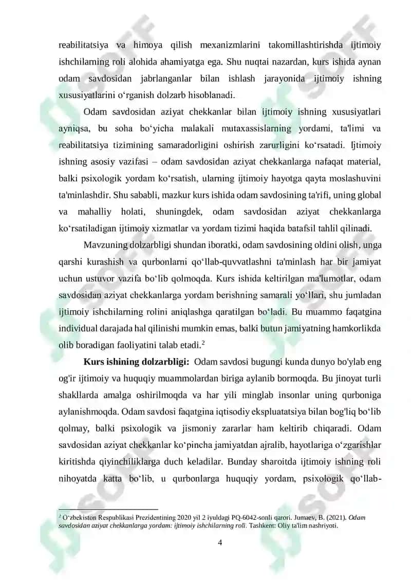 “Odam savdosidan aziyat chekkanlar bilan ijtimoiy ishning xususiyatlari” 4