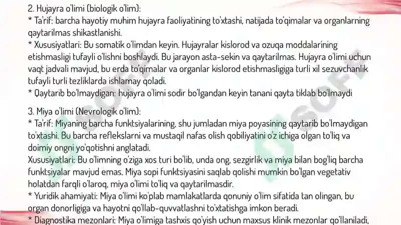 O‘lim haqida tushuncha.O‘limning turlari,klinik-morfologik belgilari.Tanatologiya.Tanatogenez 4