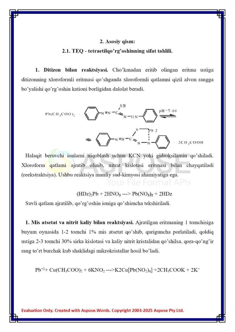 10. Tetraetilqo'rg'oshin. Toksikologik ahamiyati,  ashyoviy dalillardan ajratib olish va tahlil usullari. Referat 9 bet. 4
