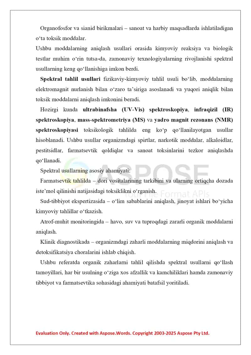 11. Organik zaharlarni tahlil qilishda spektral usullarni qo'llash. Referat 16 bet. 4