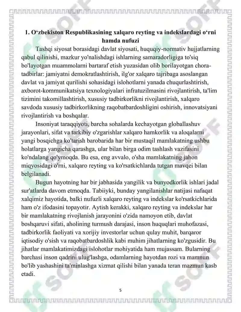 O'ZBEKISTON RESPUBLIKASI UCHUN USTUVOR BO'LGAN XALQARO REYTING VA INDEKSLAR BO'YICHA SAMARADORLIKNING ENG MUHIM KO'RSATKICHLARINI OSHIRISH BORASIDA OLIB BORILAYOTGAN CHORA-TADBIRLAR 5