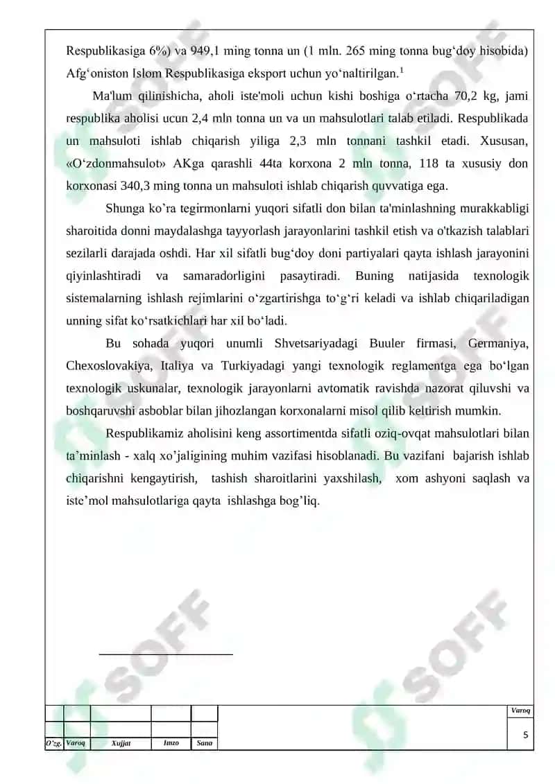 Tegirmonning quvvati 200 t/kun bo’lgan I- navli 75% li un ishlab chiqarish texnologiyasi. (triyer uskunasi) mavzusidagi bitiruv malakaviy ishining 5