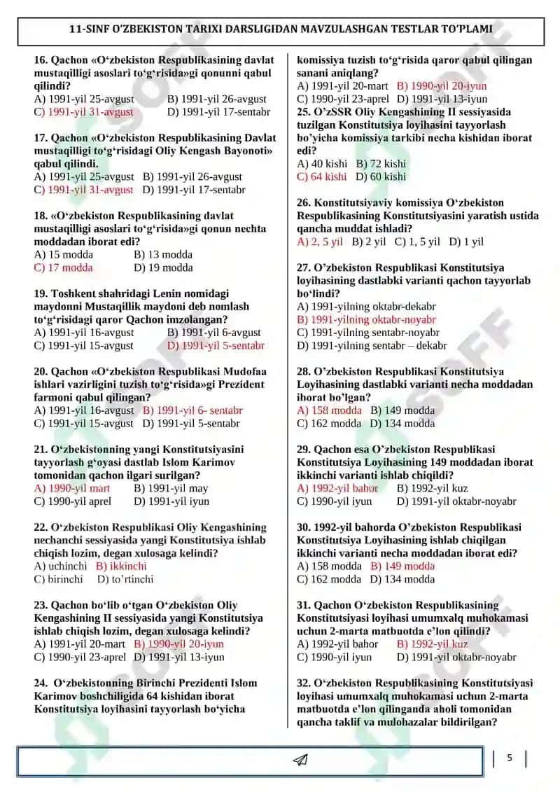 O‘zbekiston tarixi 11-sinf mavzulashtirilgan testlar to‘plami 5