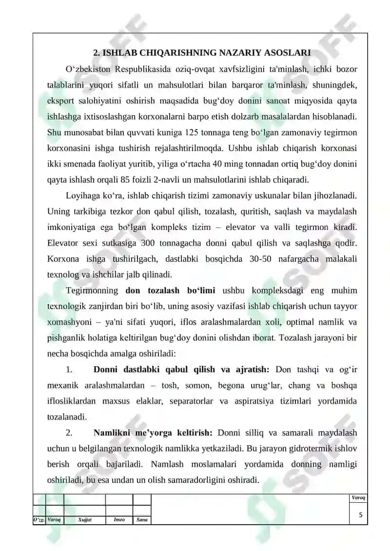 Quvvati 125 t/kun bo'lgan tegirmonda 85% li 2 navli un ishlab chiqarish texnologiyasi. Don tozalash bo'limi. 5
