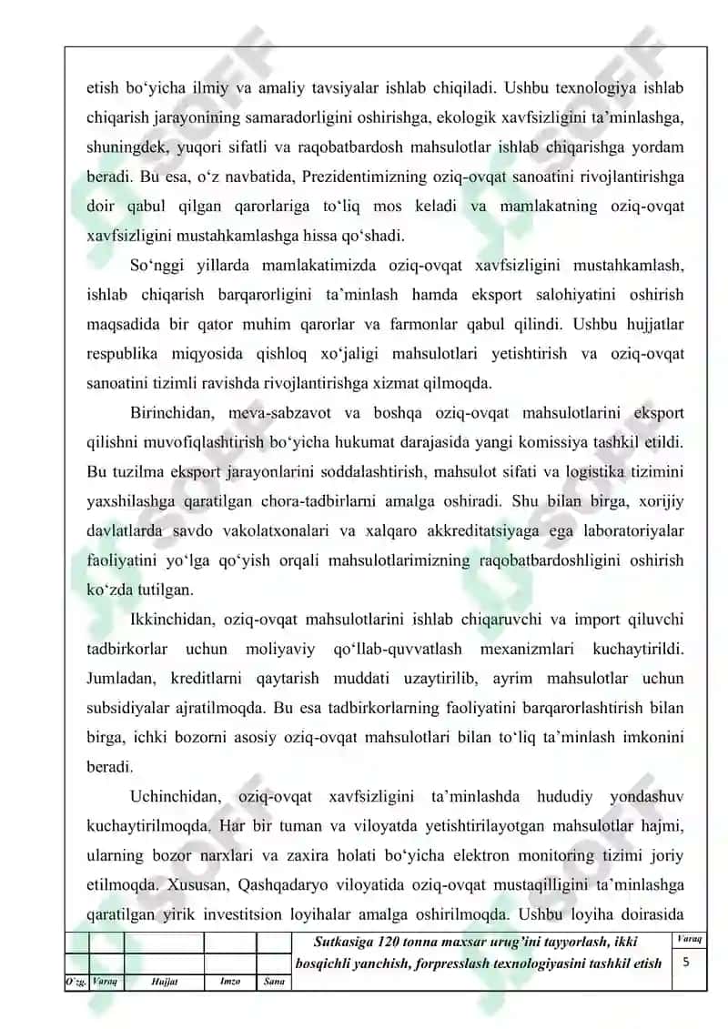Sutkasiga 120 tonna maxsar urug’ini tayyorlash, ikki bosqichli yanchish, forpresslash texnologiyasini tashkil etis 5