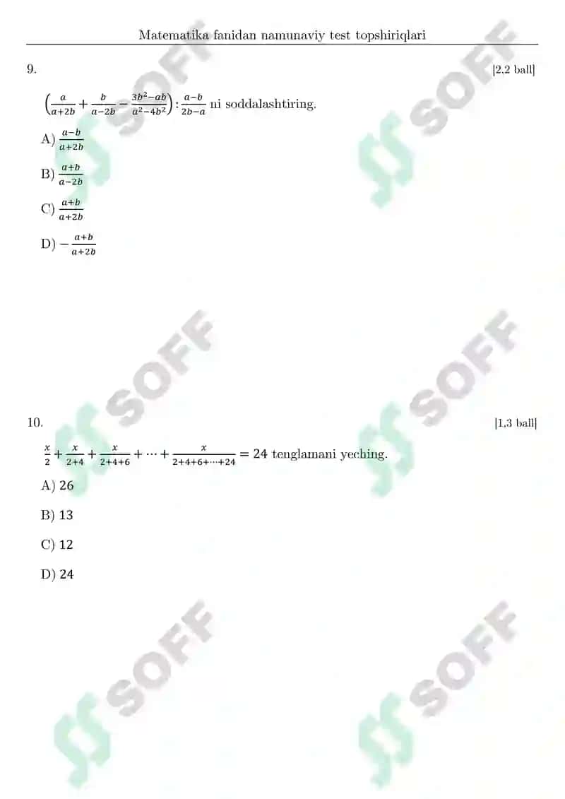 DTM testlari va javoblari matematika fanidan 5