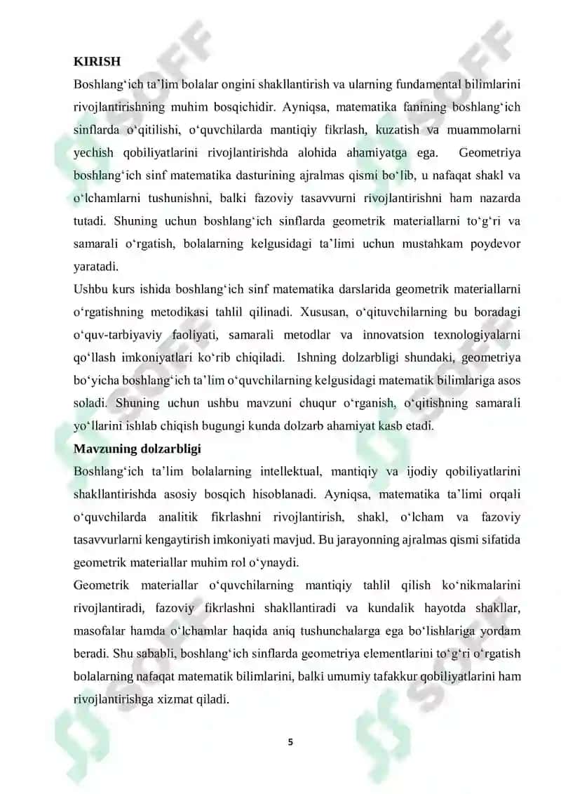 MATEMATIKA VA UNI O’QITISH METODIKASI FANIDAN KURS ISHI 5
