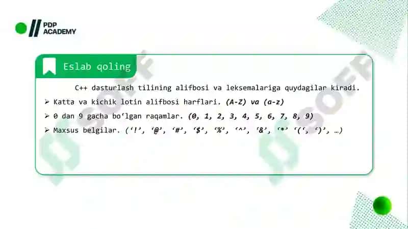 C++ DA MA’LUMOT TURLARI, o‘ZGARUVCHILAR VA LITERALLAR BILAN ISHLASH 5