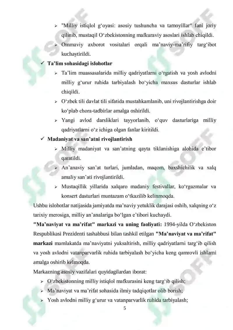 Mustaqillik yillarida O‘zbekistonning maʼnaviy va madaniy taraqqiyoti 5