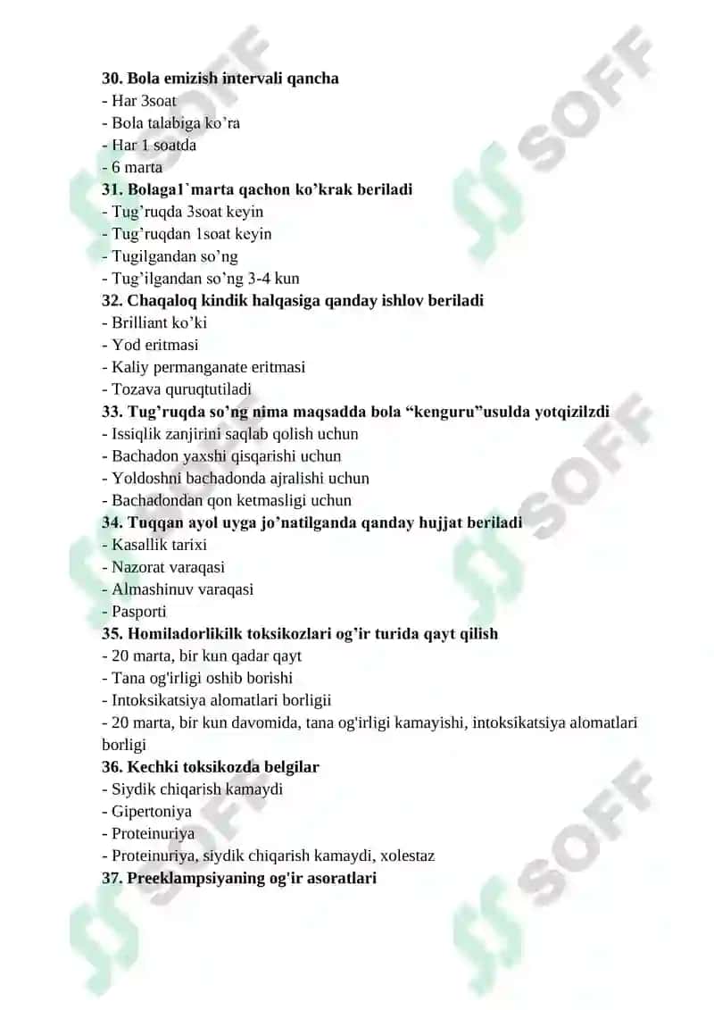 AKUSHERLIK ISHI MUTAXASSISLIGI BO’YICHA SHAKLLANTIRILGAN TEST SAVOLLARI RO’YXATI 5