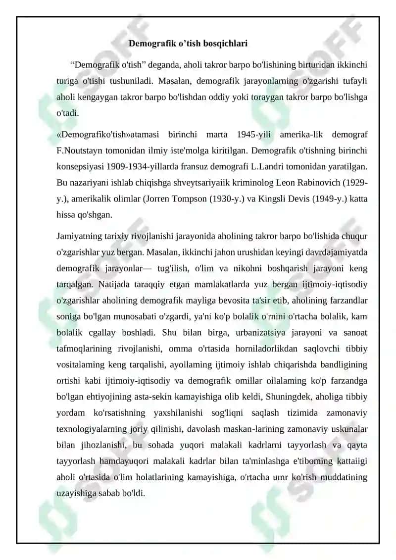 Demografik o’tish bosqichlari va ushbu jarayonni dunyo hududlari bo’ylab ahamiyati 5