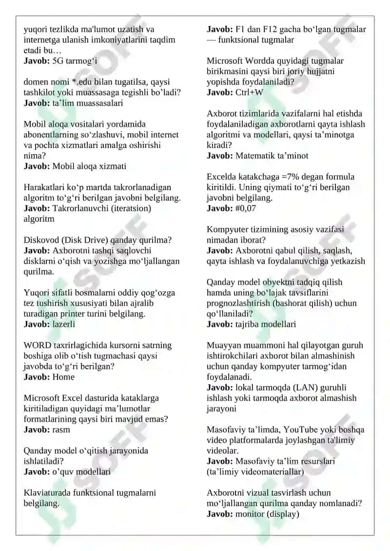 Argos test javoblar 2025 Axborot-kommunikatsiya texnologiyalari. Asl variant. 5
