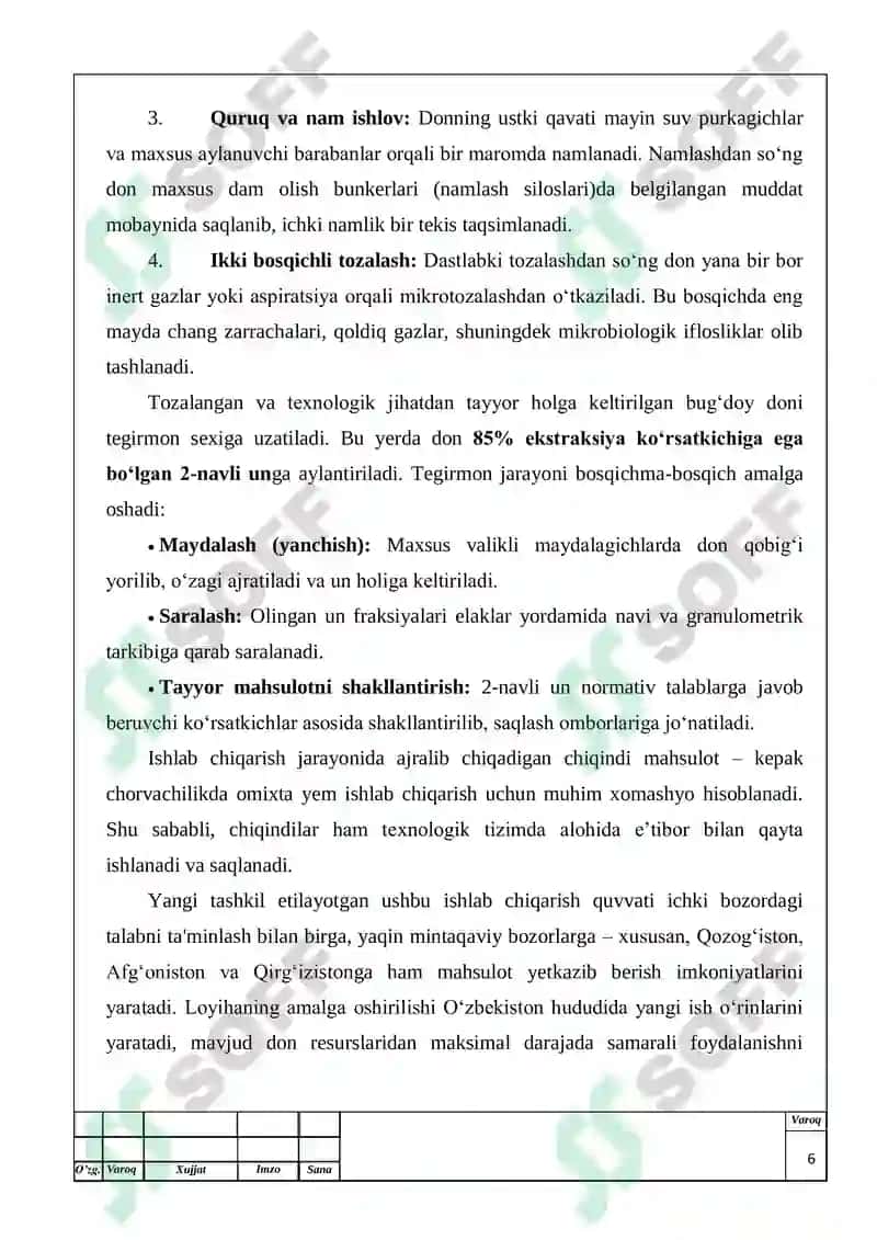 Quvvati 125 t/kun bo'lgan tegirmonda 85% li 2 navli un ishlab chiqarish texnologiyasi. Don tozalash bo'limi. 6