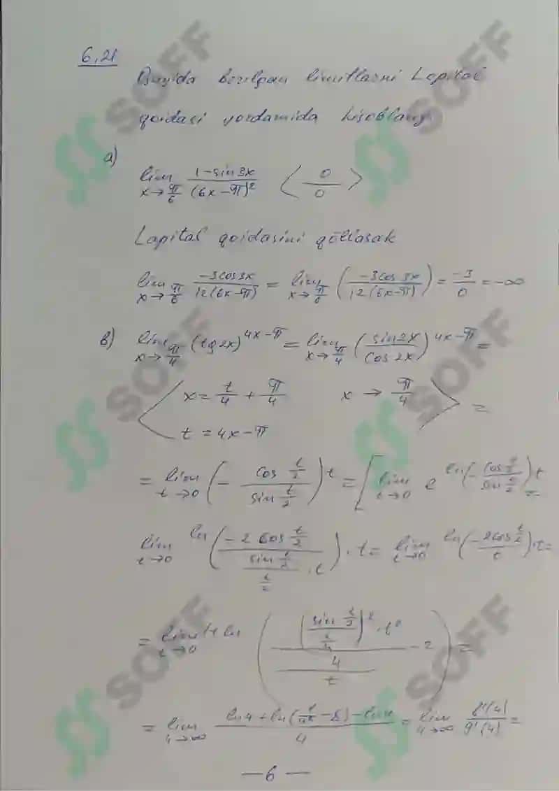 Hisob (Calculus) fanidan Mustaqil ish (Shaxsiy topshiriqlar) 21-variant javoblari - Mustaqil ish (qo'l yozma) 6