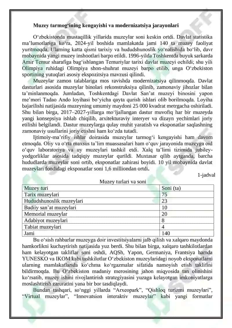 O‘zbekiston mustaqilligi davrida muzeylar va muzey tarmog'ining rivojlanish muammolari 6