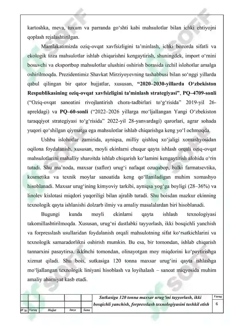 Sutkasiga 120 tonna maxsar urug’ini tayyorlash, ikki bosqichli yanchish, forpresslash texnologiyasini tashkil etis 6