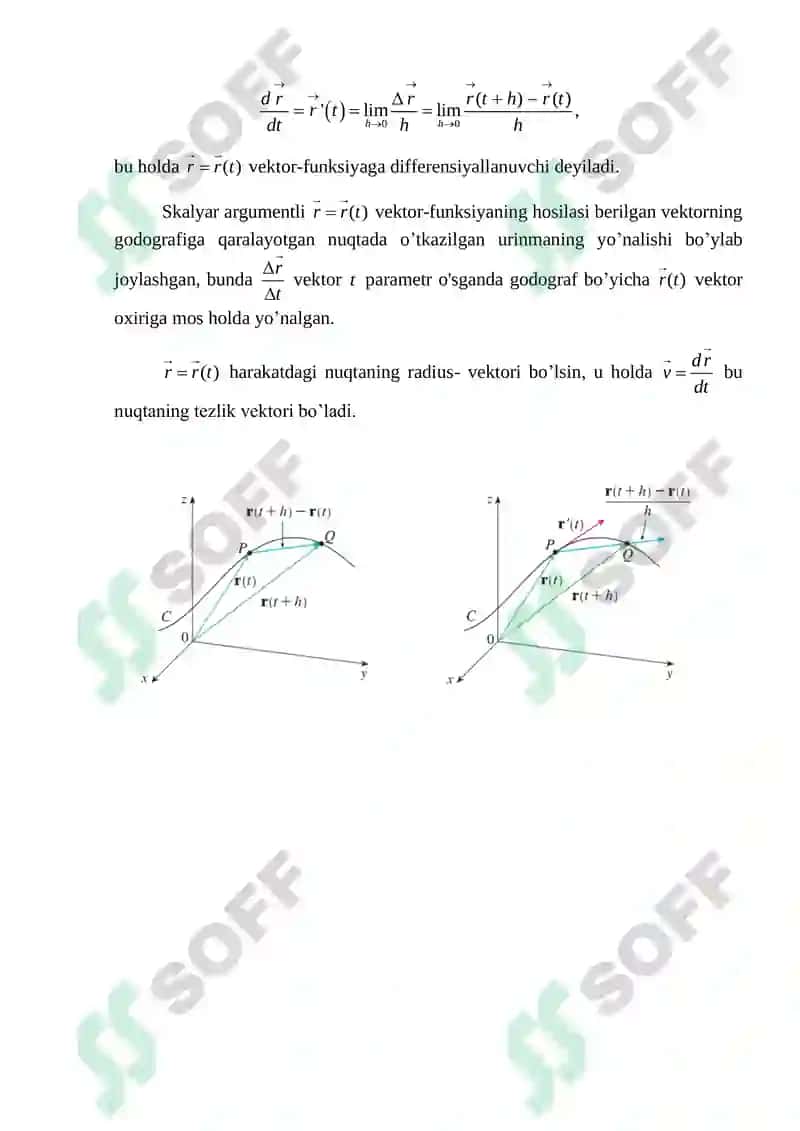 Vektor funksiya va fazodagi egri chiziqlar. Vektor funksiyalarning hosilasi va integrali 6