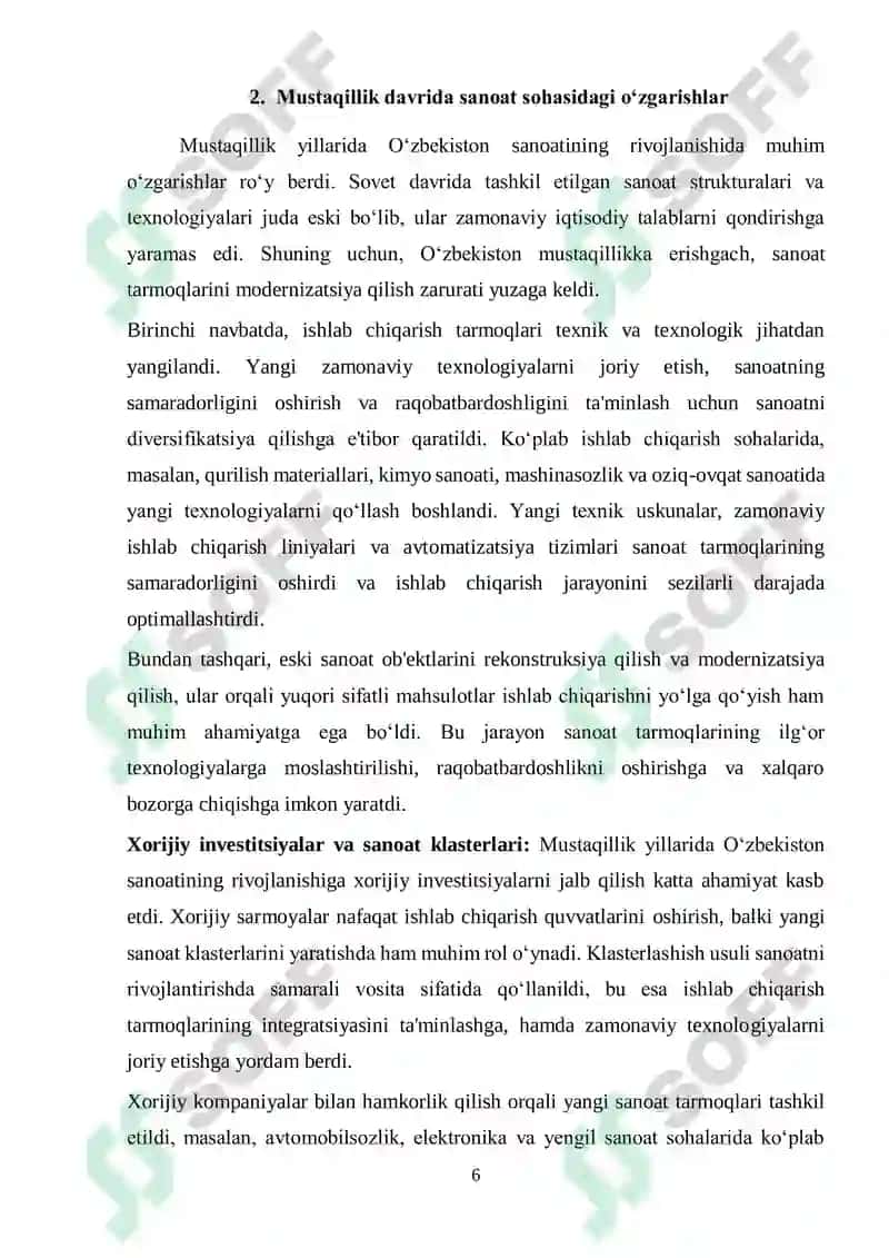 MUSTAQILLIK YILLARIDA QISHLOQ XO‘JALIGI VA SANOAT SOHASIDAGI O‘ZGARISHLAR 6