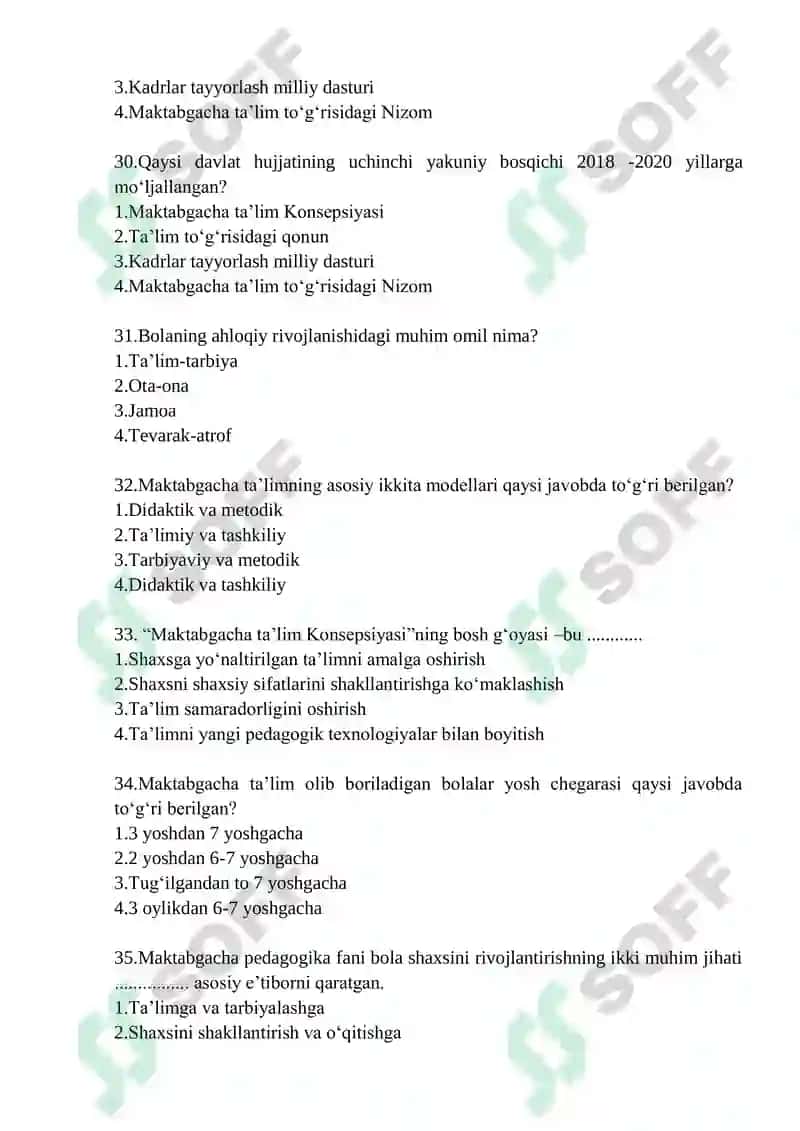MAKTABGACHA PEDAGOGIKA” FANIDAN DAVLAT ATTESTATSIYASI UCHUN TEST SAVOLLAR 6