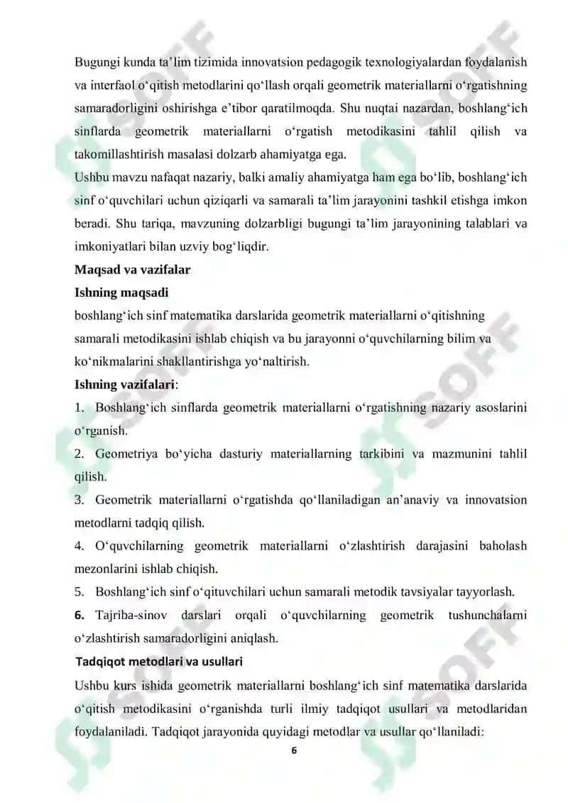 MATEMATIKA VA UNI O’QITISH METODIKASI FANIDAN KURS ISHI 6