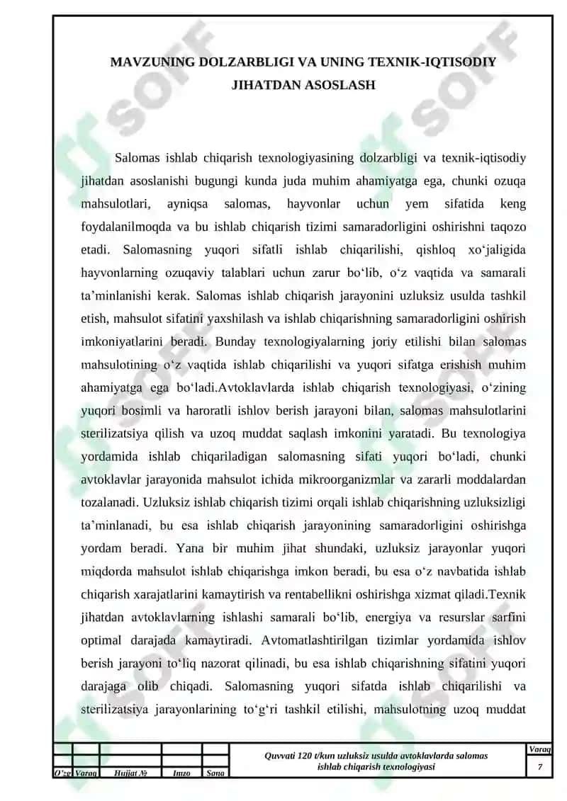 Quvvati 120 t/kun uzluksiz usulda avtoklavlarda salomas ishlab chiqarish texnologiyasi mavzusidagi 6