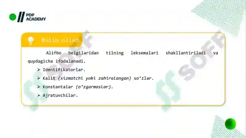 C++ DA MA’LUMOT TURLARI, o‘ZGARUVCHILAR VA LITERALLAR BILAN ISHLASH 6
