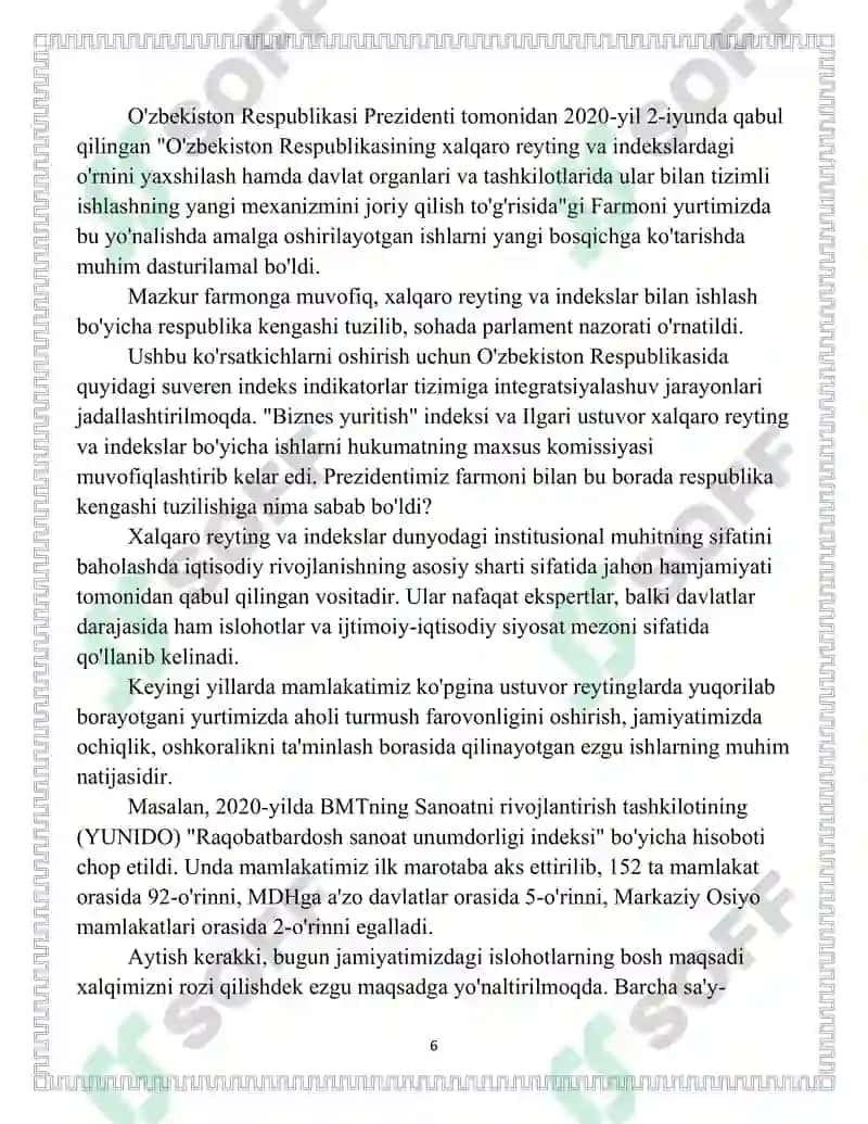 O'ZBEKISTON RESPUBLIKASI UCHUN USTUVOR BO'LGAN XALQARO REYTING VA INDEKSLAR BO'YICHA SAMARADORLIKNING ENG MUHIM KO'RSATKICHLARINI OSHIRISH BORASIDA OLIB BORILAYOTGAN CHORA-TADBIRLAR 6