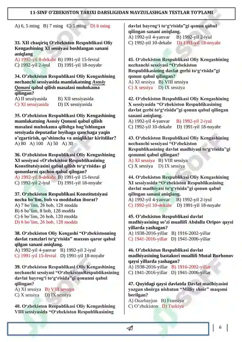 O‘zbekiston tarixi 11-sinf mavzulashtirilgan testlar to‘plami 6