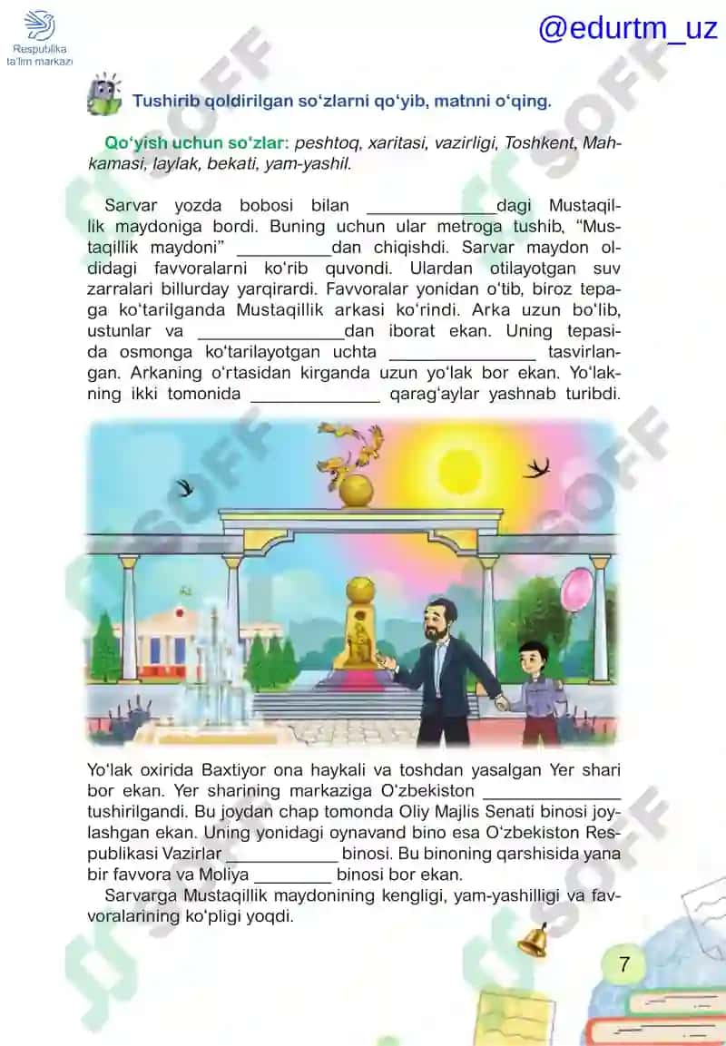 Ona tili va o‘qish savodxonligi. 1-qism [Matn]: 3-sinﬁ uchun darslik 7