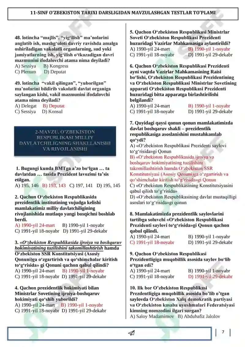 O‘zbekiston tarixi 11-sinf mavzulashtirilgan testlar to‘plami 7