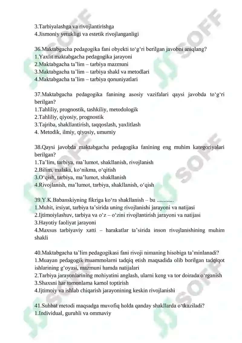 MAKTABGACHA PEDAGOGIKA” FANIDAN DAVLAT ATTESTATSIYASI UCHUN TEST SAVOLLAR 7
