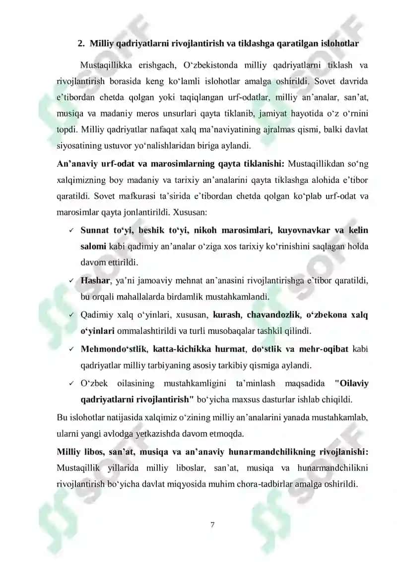 Mustaqillik yillarida ajdodlar merosi va milliy qadriyatlarni tiklash borasidagi amalga oshirilgan islohotlar 7