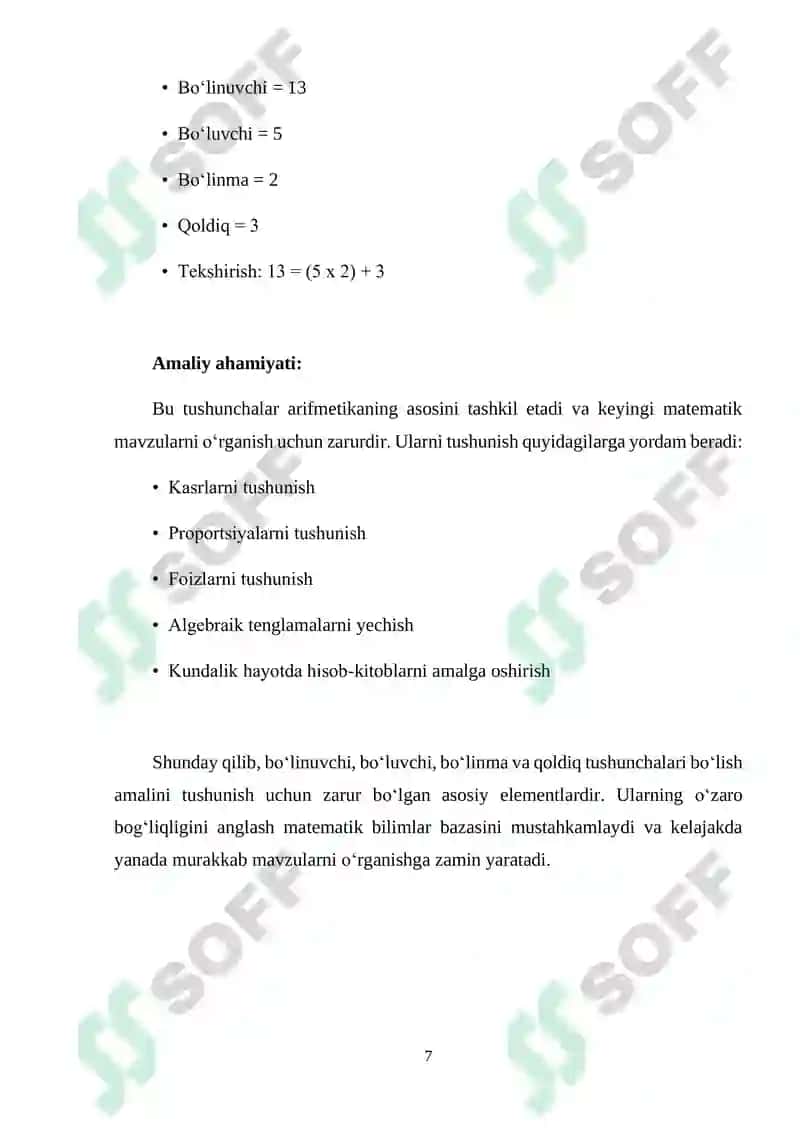 SONNI BO‘LISH VA BO‘LISH KOMPONENTLARINI O‘RGATISH METODIKASI 7